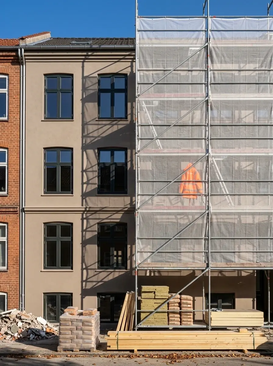 Facade under renovering med stillads